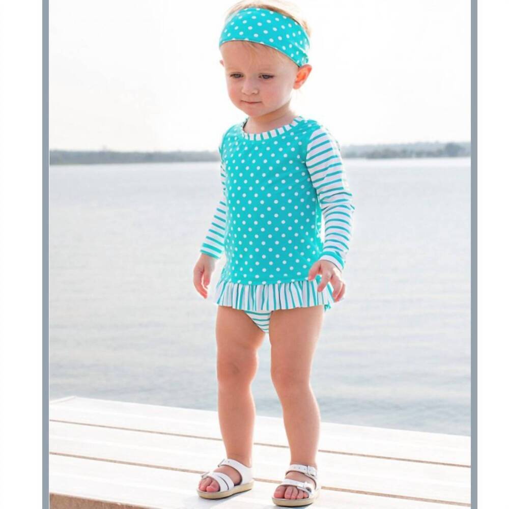 NEW RUFFLEBUTTS stripe and dot rash guard two-piece swim suit in aqua/white